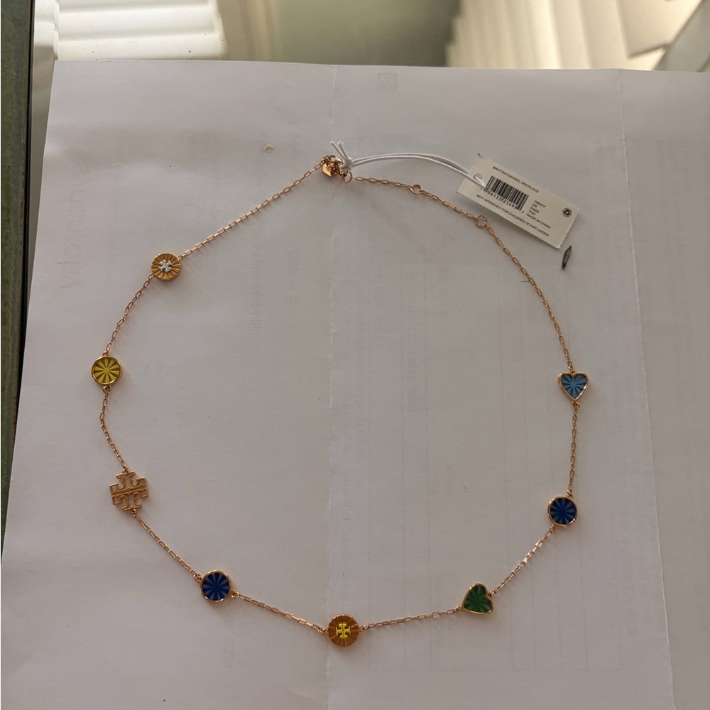 NWT 18” Tory Burch Gold Chain Necklace w/ Blue/Green/Yelow Enamel Discs & hearts